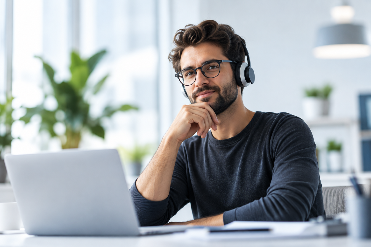 Professional wearing a headset in a collaborative workplace