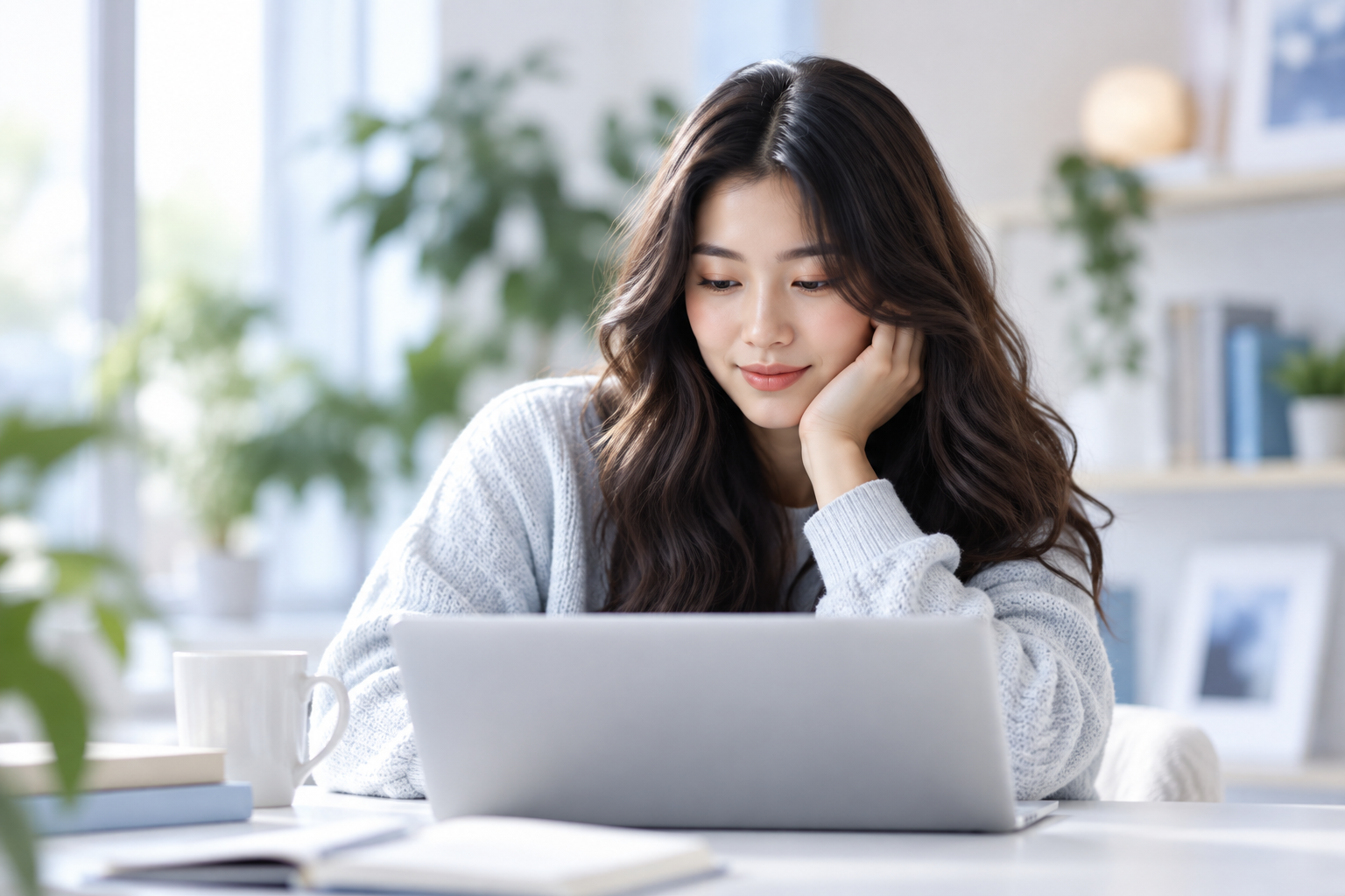 Woman looking thoughtfully at a laptop while preparing her résumé