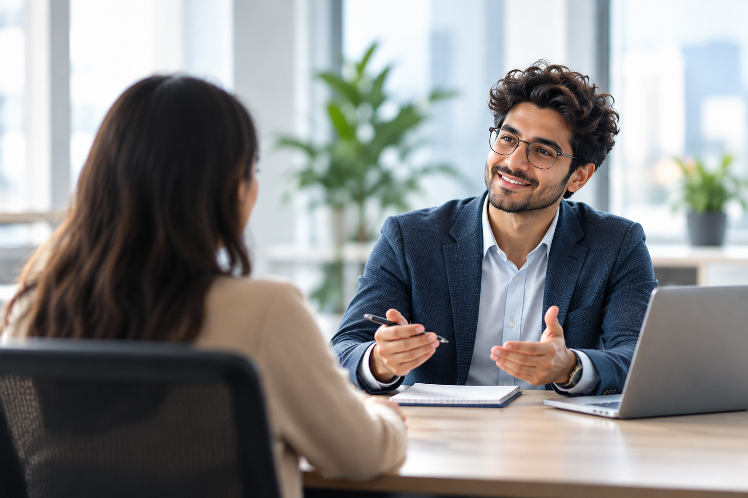 Professional having a positive face-to-face interview conversation