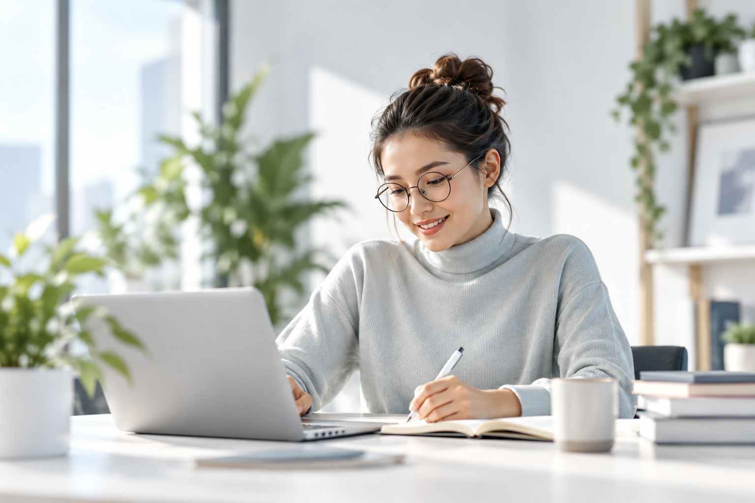 Woman taking handwritten notes beside her laptop