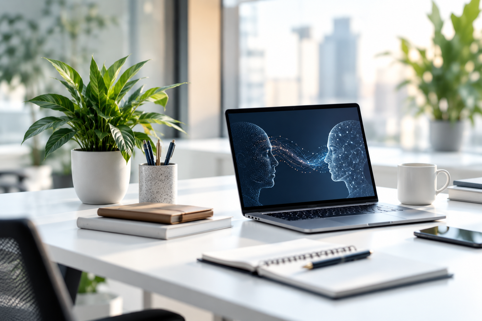 Digital network connecting two AI-generated faces on a laptop screen